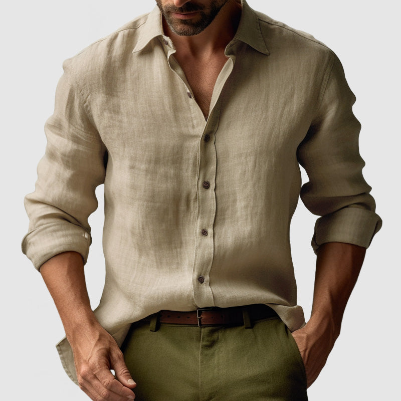 George | Linen Shirt Amber Yellow Long Sleeve Button Front for Men