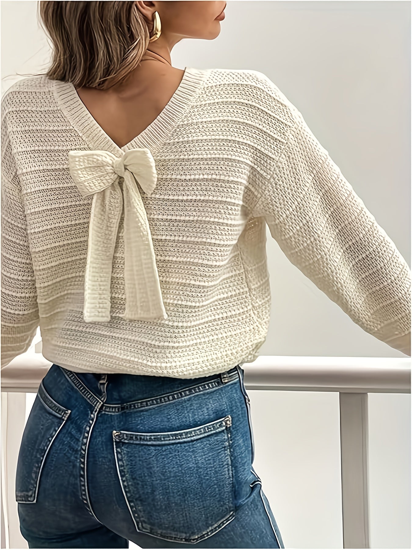 Oriana | Sweater Cream Ribbed Knit Bow-Tie Back for Women