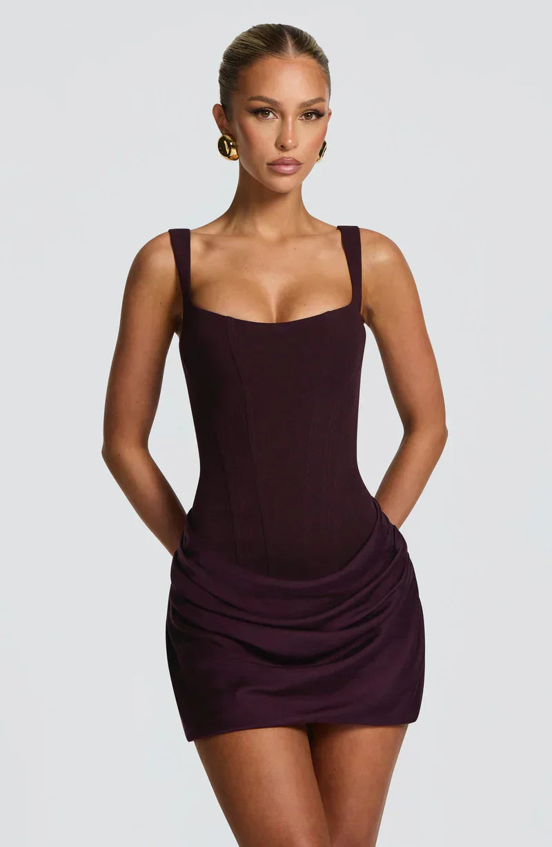 Mabel | Mini Dress Chocolate Brown Corset Draped Skirt for Women