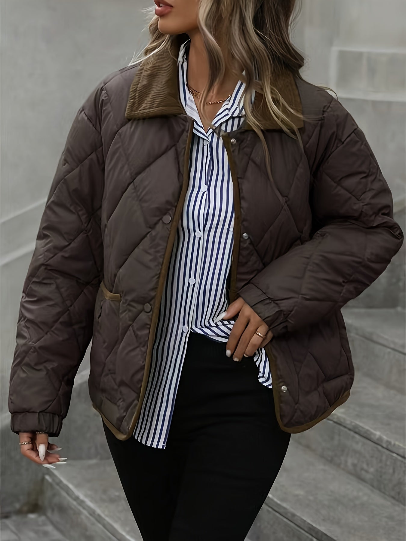 Enid | Quilted Jacket Brown Diamond Padded Corduroy Collar for Women