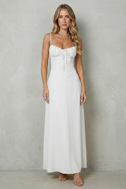 Fern | Maxi Dress Pastel Yellow Corset Ruched Bust Spaghetti Strap for Women