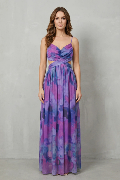 Florrie | Maxi Dress Multicolour Watercolour Tulle V-Neck for Women