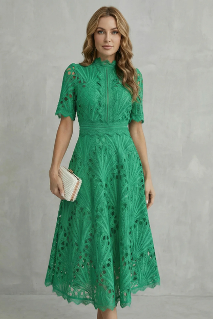 Phoebe | Midi Dress Hot Pink Lace High-Neck A-Line for Women