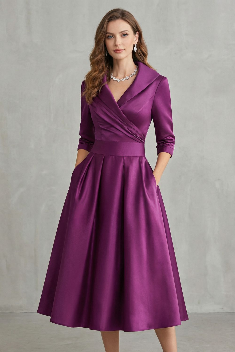 Rosalind | Midi Dress Black Satin A-Line 3/4 Sleeve Wrap Collar for Women