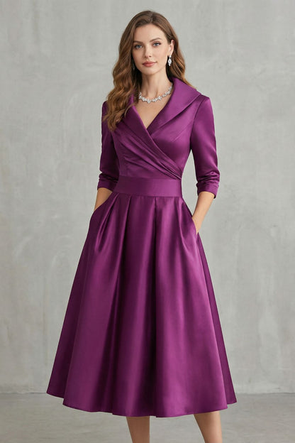 Rosalind | Midi Dress Black Satin A-Line 3/4 Sleeve Wrap Collar for Women
