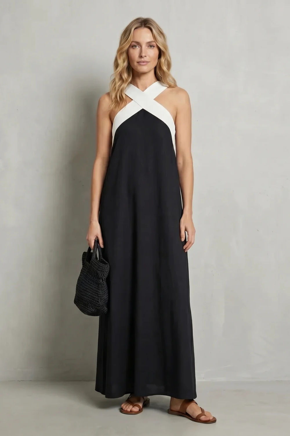 Edwina | Maxi Dress Black Linen Cross-Halter Sleeveless for Women
