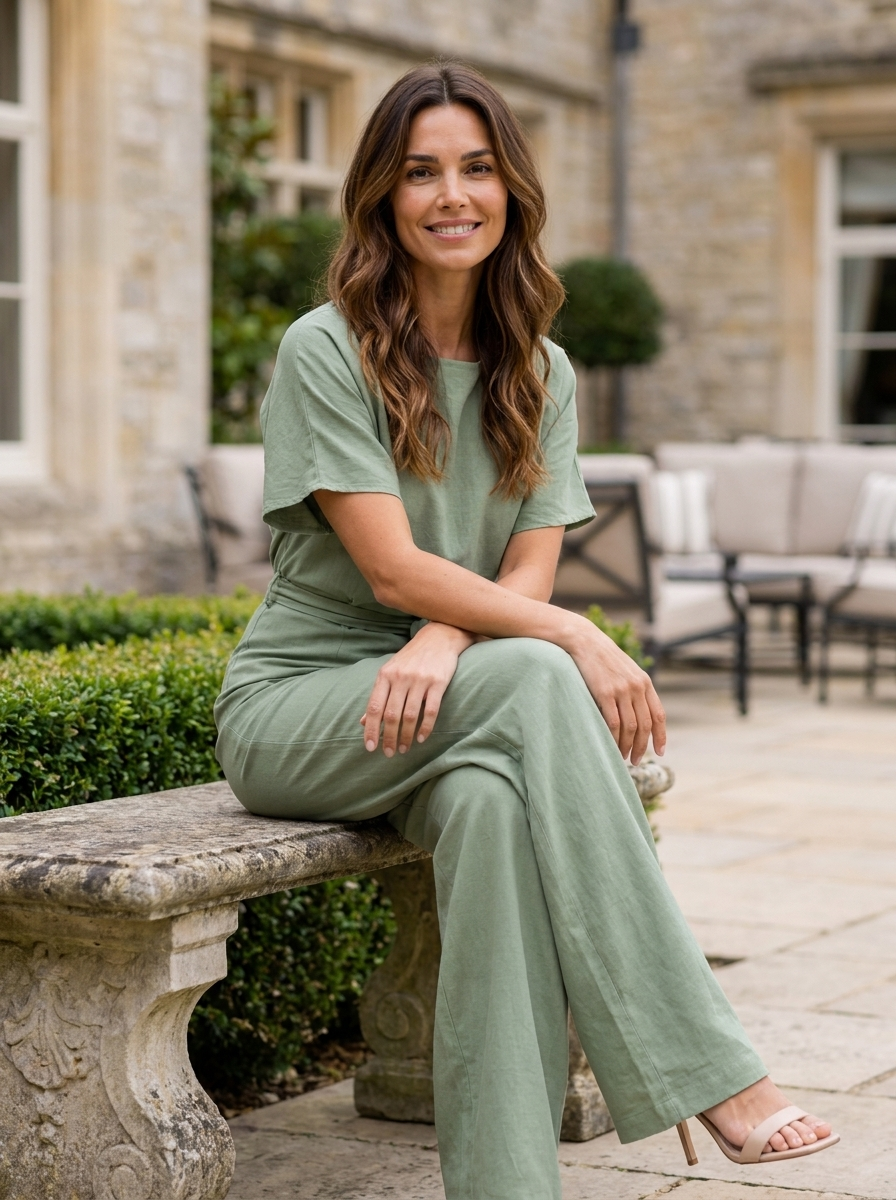 Harriet | Wide-Leg Jumpsuit Sage Green Linen Belted for Women