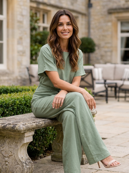 Harriet | Wide-Leg Jumpsuit Sage Green Linen Belted for Women