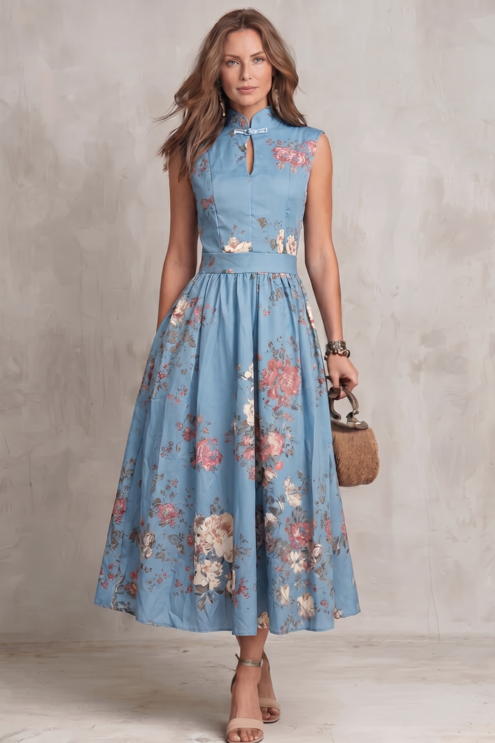 Cecily | Midi Dress Black Satin Floral Keyhole High Neck for Women
