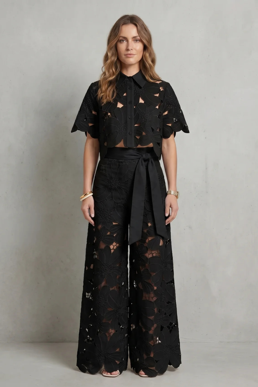 Rosalind | White Lace Two-Piece Set Floral Cutwork Wide-Leg Trousers & Crop Top for Women
