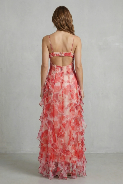 Rosalind | Maxi Dress Red Floral Chiffon Ruffle Spaghetti Strap for Women
