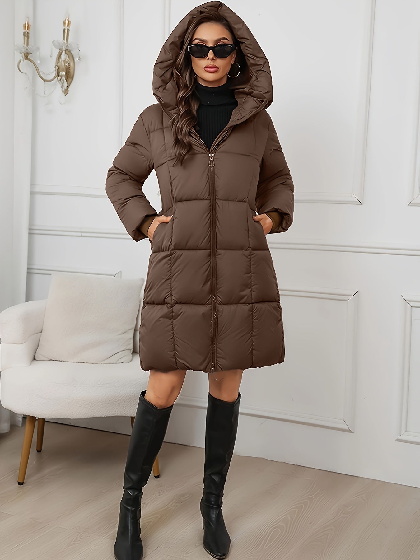 Saskia | Longline Puffer Coat Chocolate Brown Quilted Hooded for Women