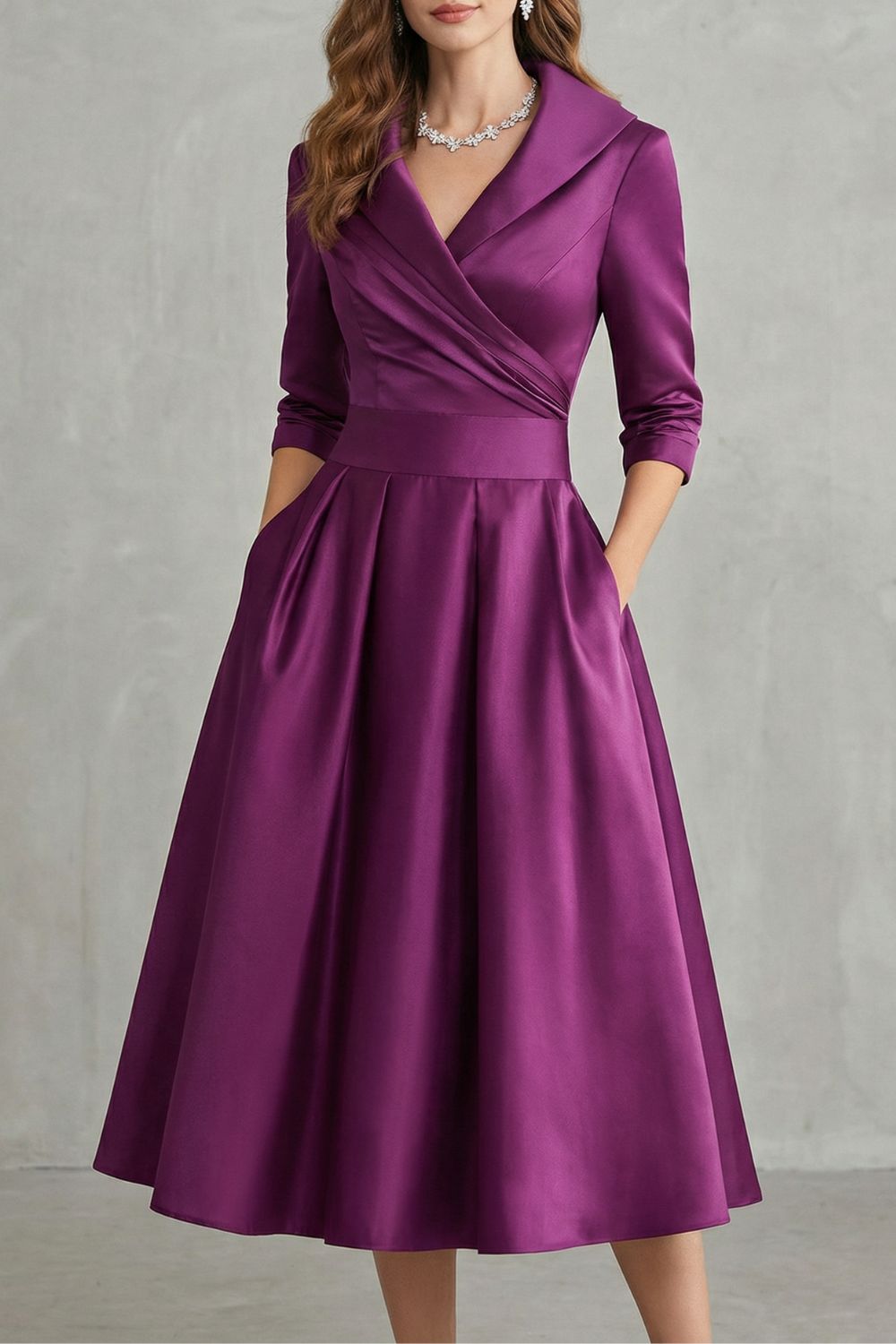 Rosalind | Midi Dress Black Satin A-Line 3/4 Sleeve Wrap Collar for Women