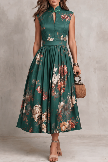 Cecily | Midi Dress Black Satin Floral Keyhole High Neck for Women