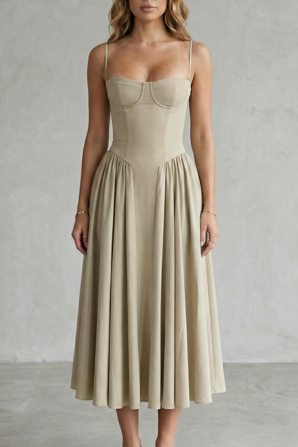 Demelza | Midi Dress Sage Green Structured Corset Pleated for Women