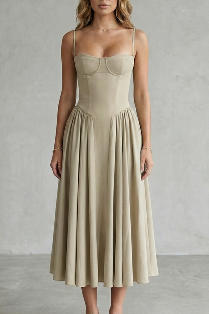 Demelza | Midi Dress Sage Green Structured Corset Pleated for Women