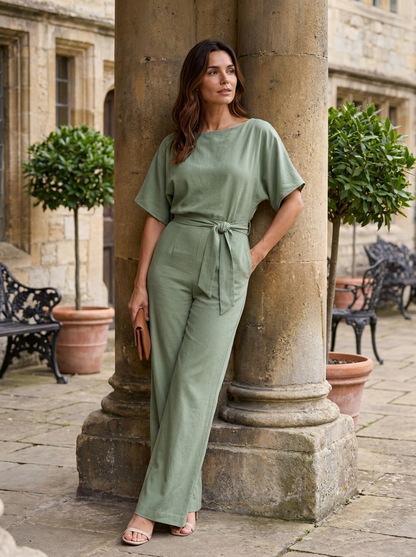 Harriet | Wide-Leg Jumpsuit Sage Green Linen Belted for Women