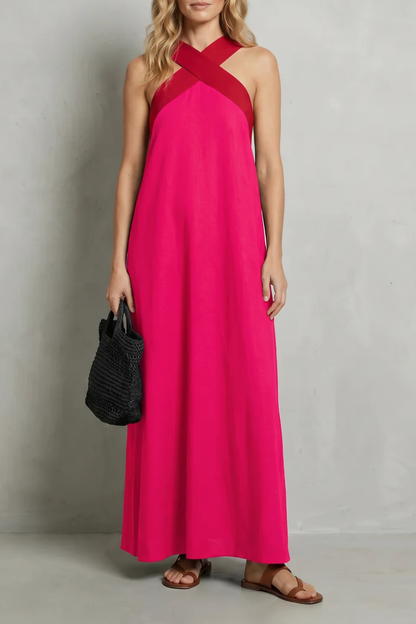 Edwina | Maxi Dress Black Linen Cross-Halter Sleeveless for Women