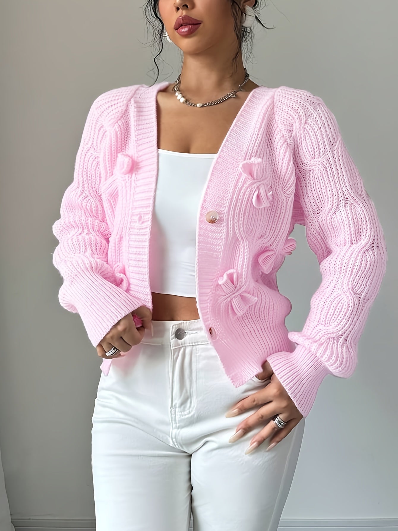 Nerissa | Cardigan Pink Knit Bow-Detail V-Neck for Women