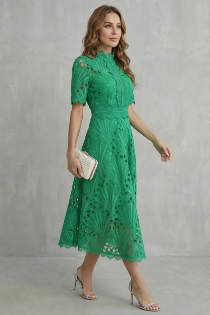 Phoebe | Midi Dress Hot Pink Lace High-Neck A-Line for Women