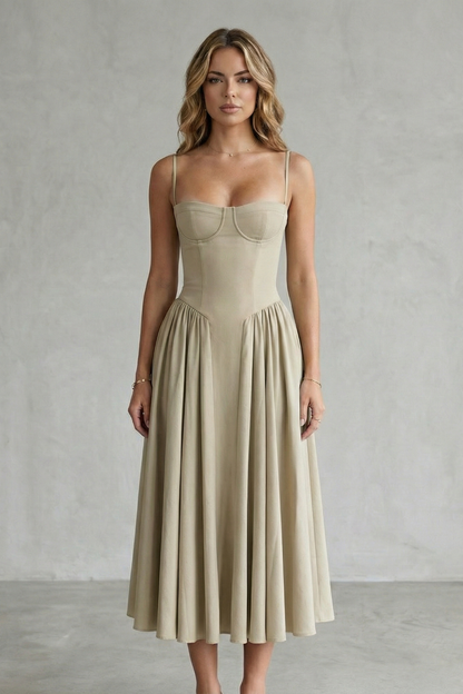 Demelza | Midi Dress Sage Green Structured Corset Pleated for Women