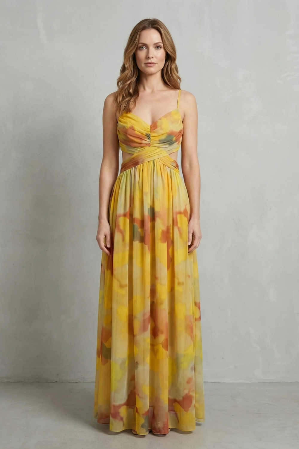 Florrie | Maxi Dress Multicolour Watercolour Tulle V-Neck for Women