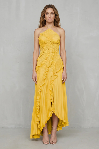 Cecile | Maxi Halter Dress Dusty Pink Chiffon Pleated Ruffle for Women
