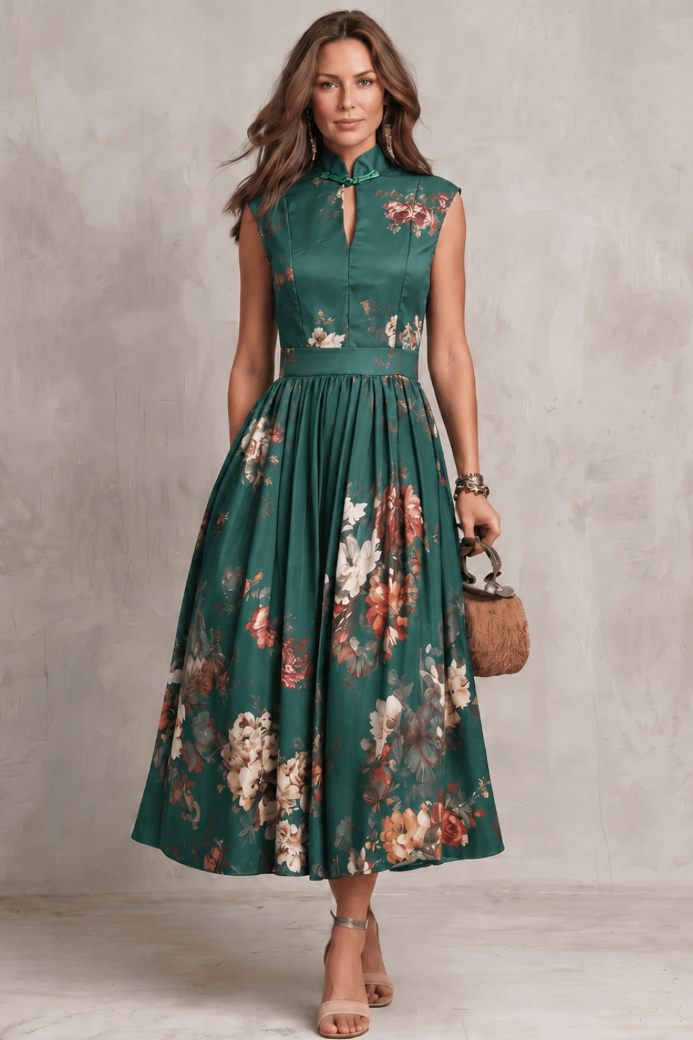 Cecily | Midi Dress Black Satin Floral Keyhole High Neck for Women