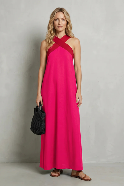 Edwina | Maxi Dress Black Linen Cross-Halter Sleeveless for Women