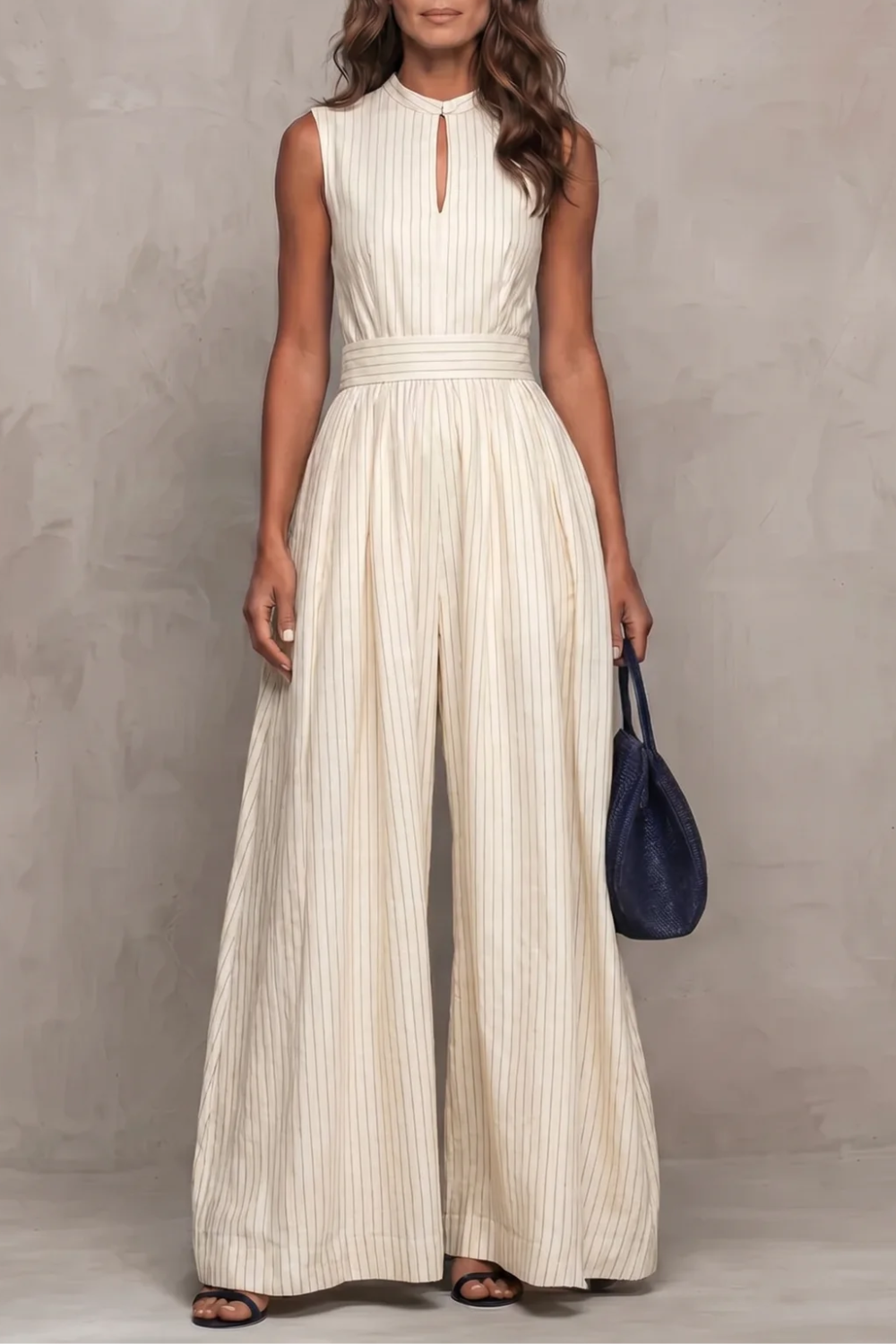 Phoebe | Wide-Leg Jumpsuit Navy Blue Striped Keyhole Sleeveless for Women