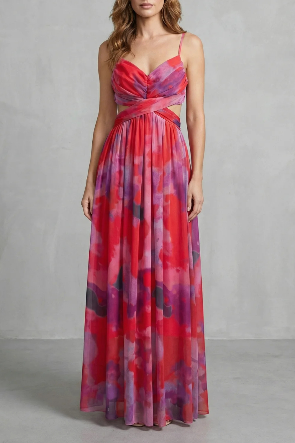 Florrie | Maxi Dress Multicolour Watercolour Tulle V-Neck for Women