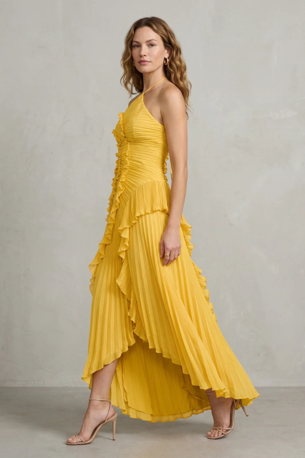 Cecile | Maxi Halter Dress Dusty Pink Chiffon Pleated Ruffle for Women