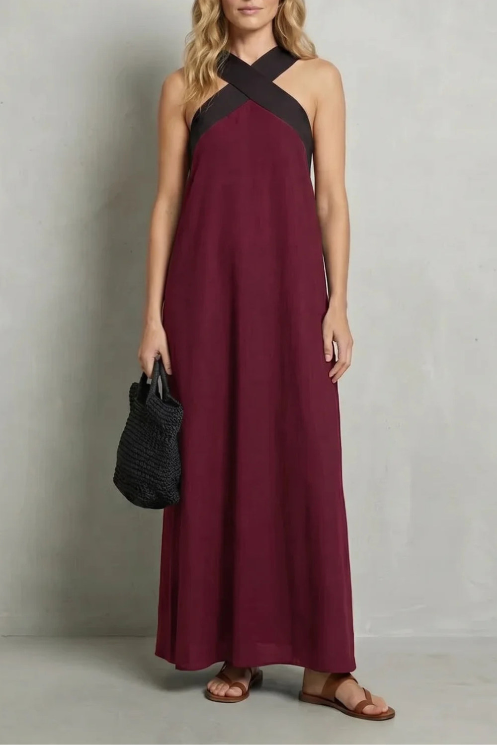 Edwina | Maxi Dress Black Linen Cross-Halter Sleeveless for Women