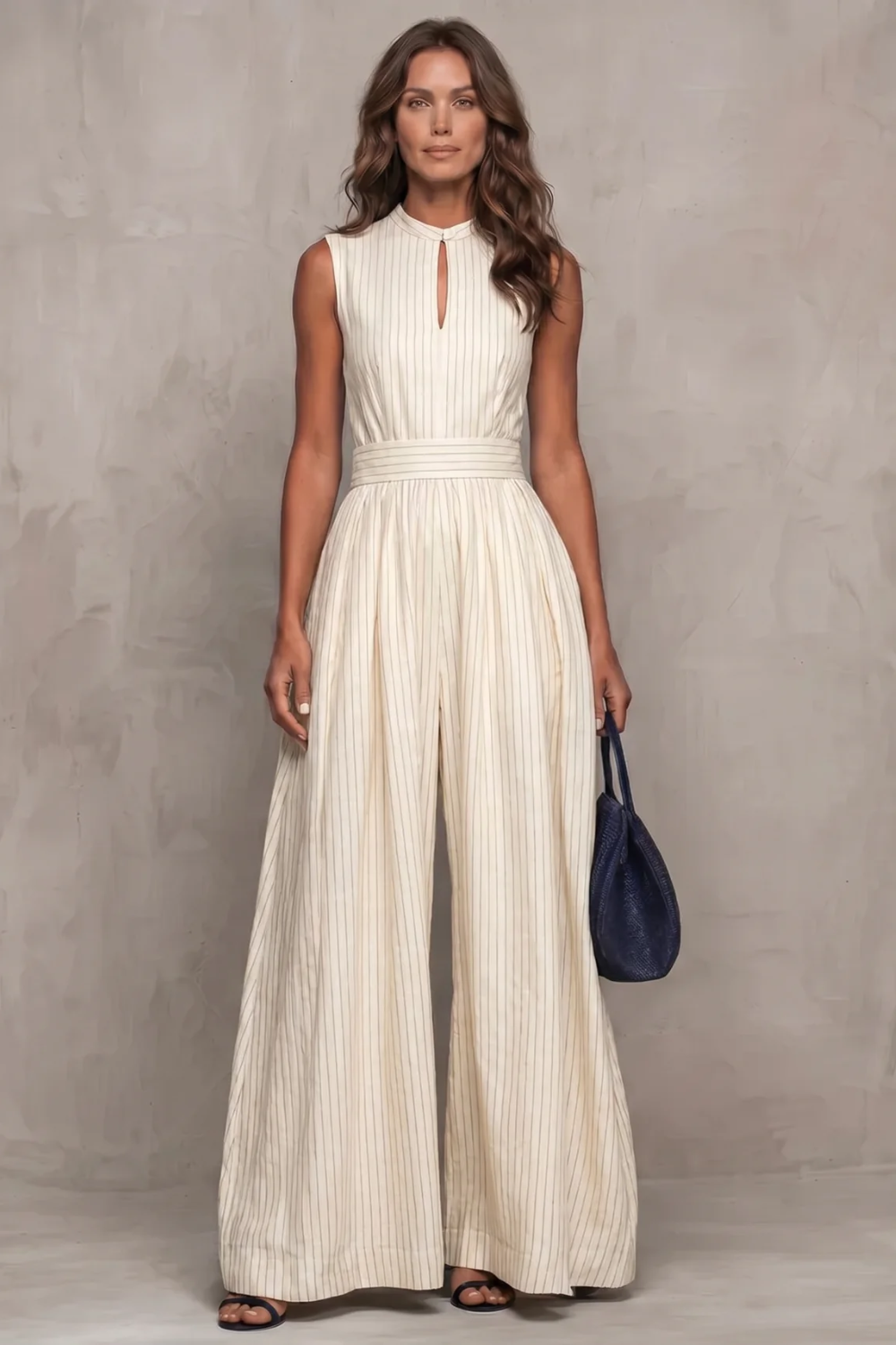 Phoebe | Wide-Leg Jumpsuit Navy Blue Striped Keyhole Sleeveless for Women