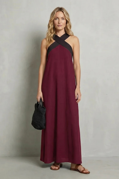 Edwina | Maxi Dress Black Linen Cross-Halter Sleeveless for Women