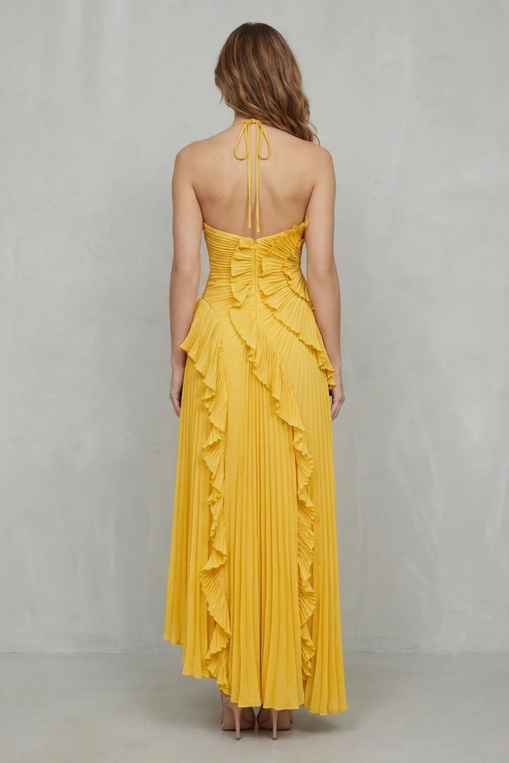 Cecile | Maxi Halter Dress Dusty Pink Chiffon Pleated Ruffle for Women