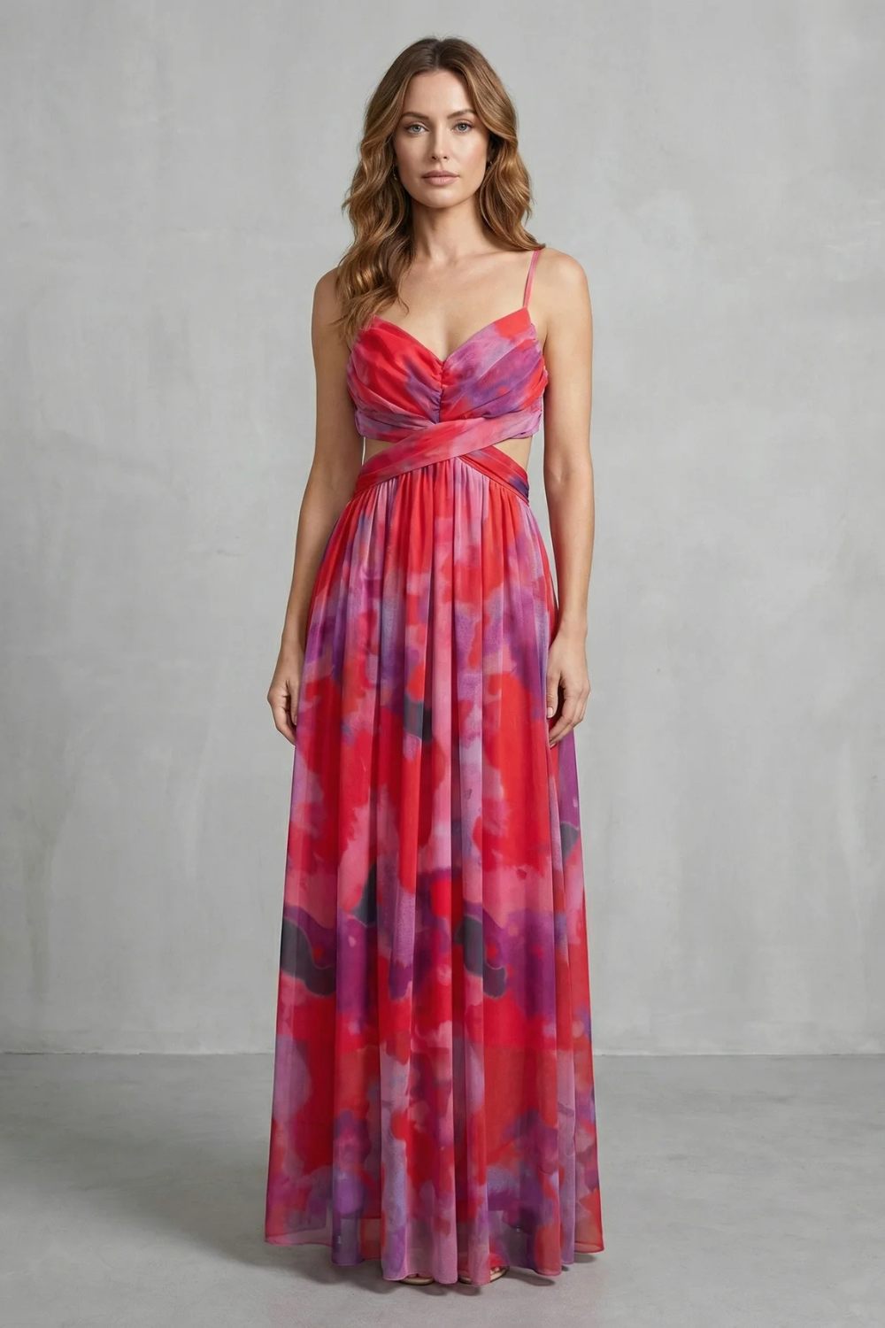 Florrie | Maxi Dress Multicolour Watercolour Tulle V-Neck for Women