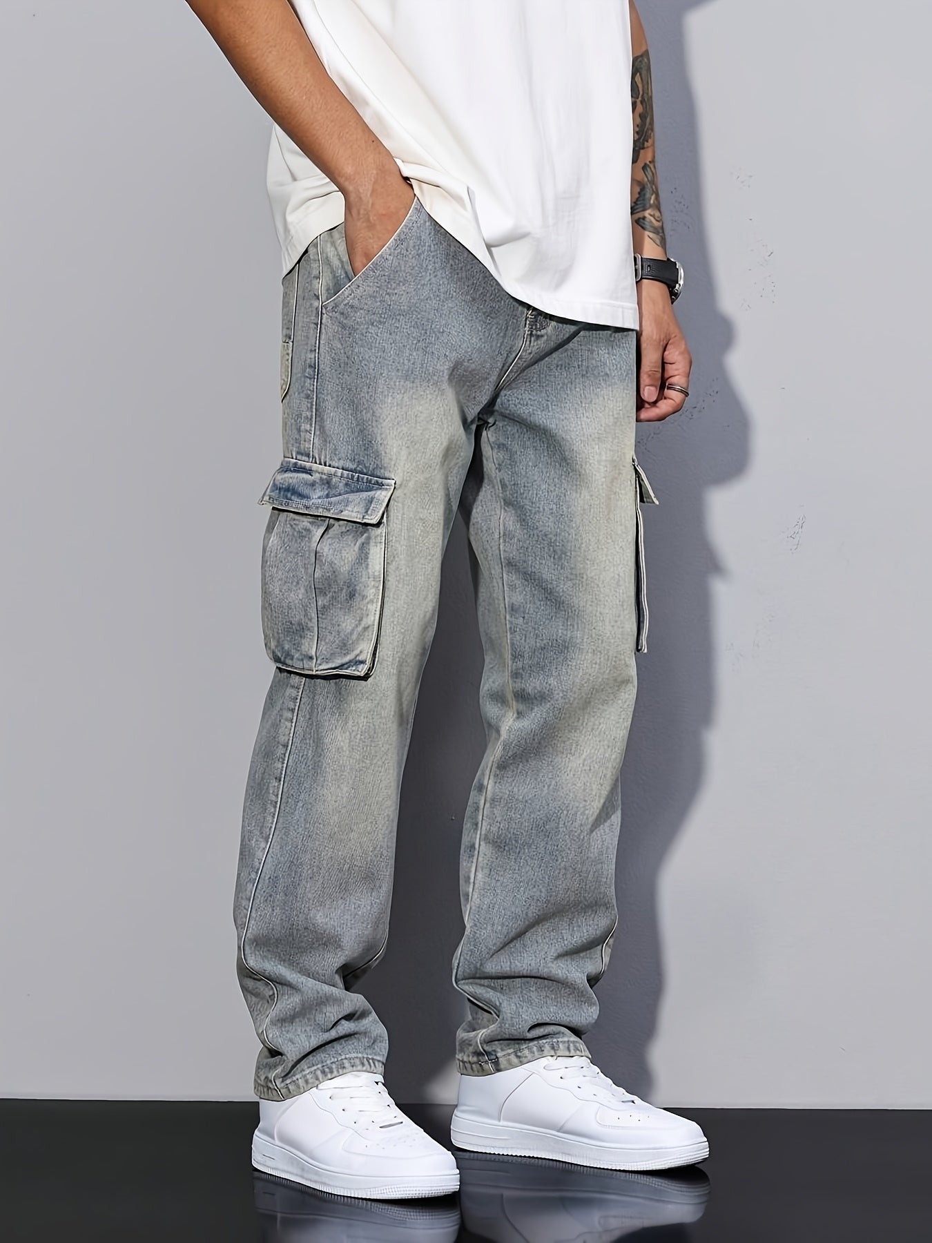 Silas | Cargo Trousers Grey Washed Denim Relaxed Fit for Men