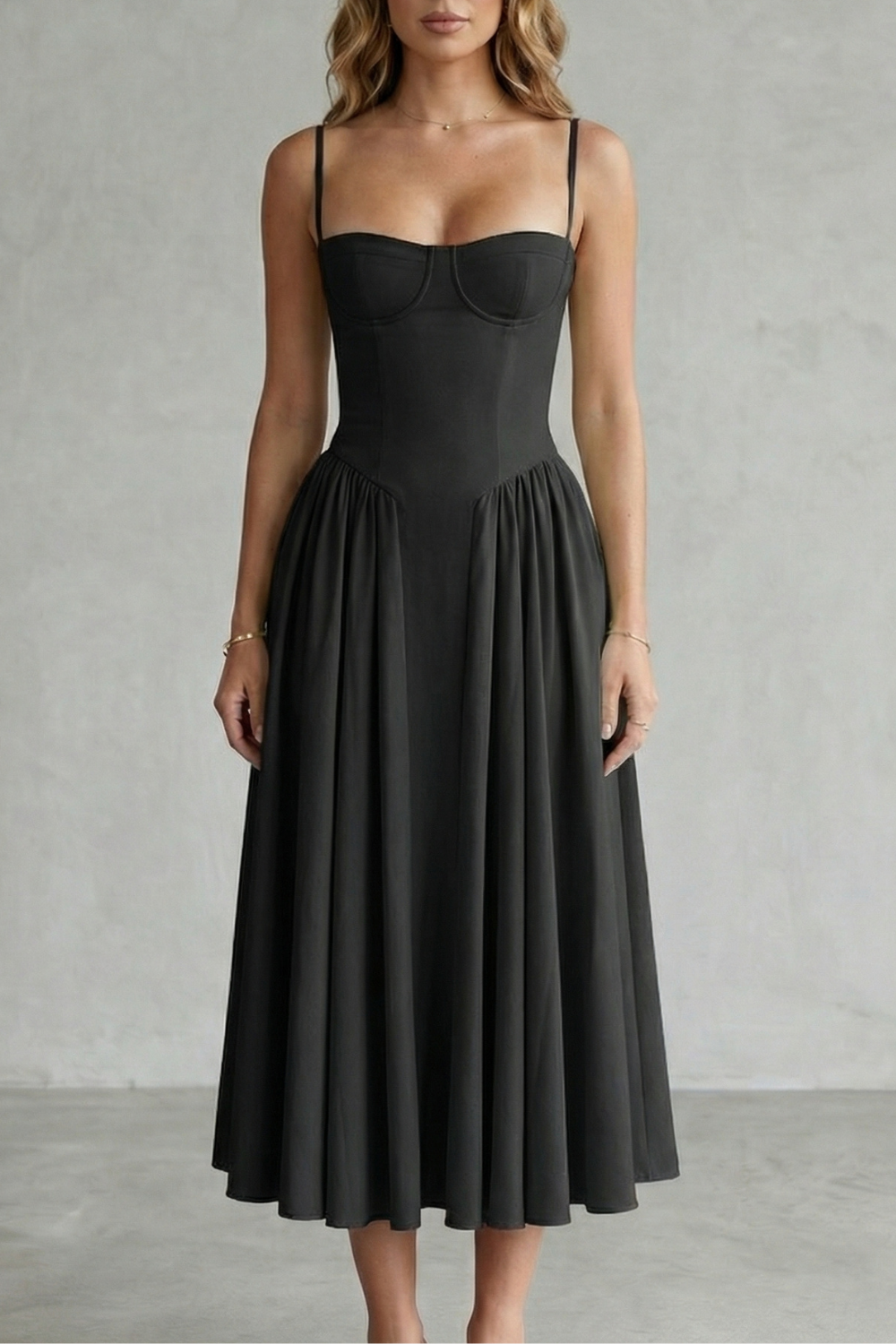 Demelza | Midi Dress Sage Green Structured Corset Pleated for Women