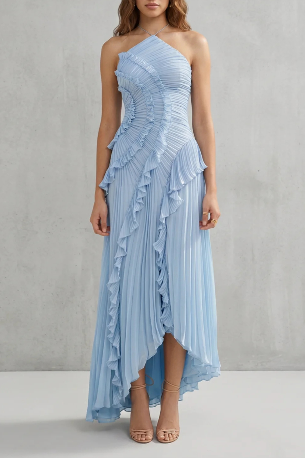 Cecile | Maxi Halter Dress Dusty Pink Chiffon Pleated Ruffle for Women