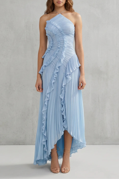 Cecile | Maxi Halter Dress Dusty Pink Chiffon Pleated Ruffle for Women
