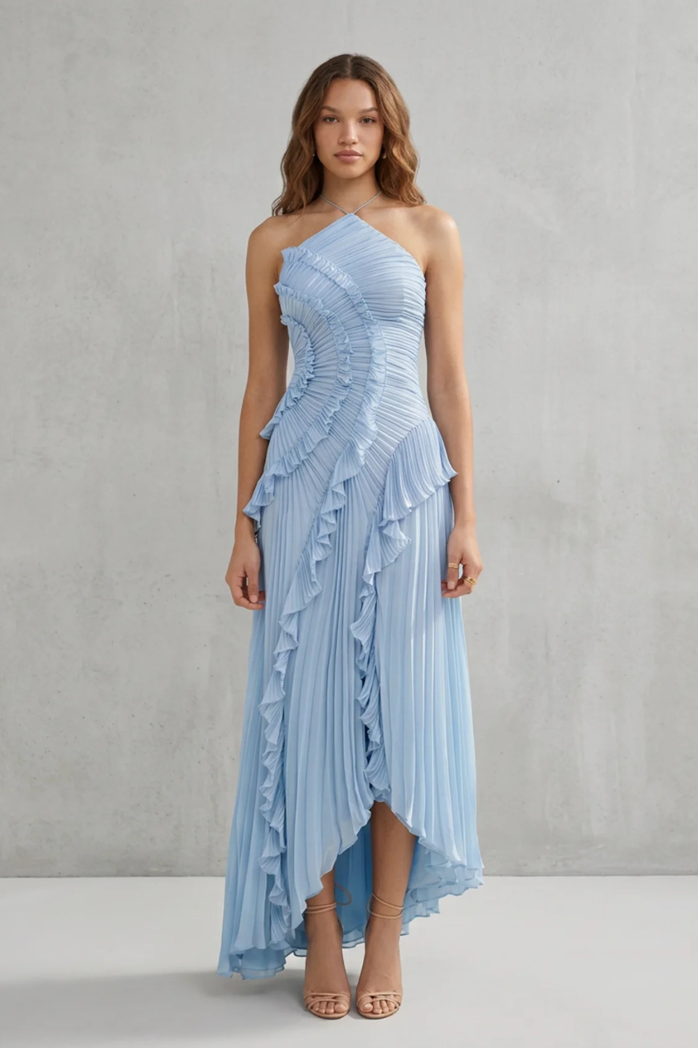 Cecile | Maxi Halter Dress Dusty Pink Chiffon Pleated Ruffle for Women