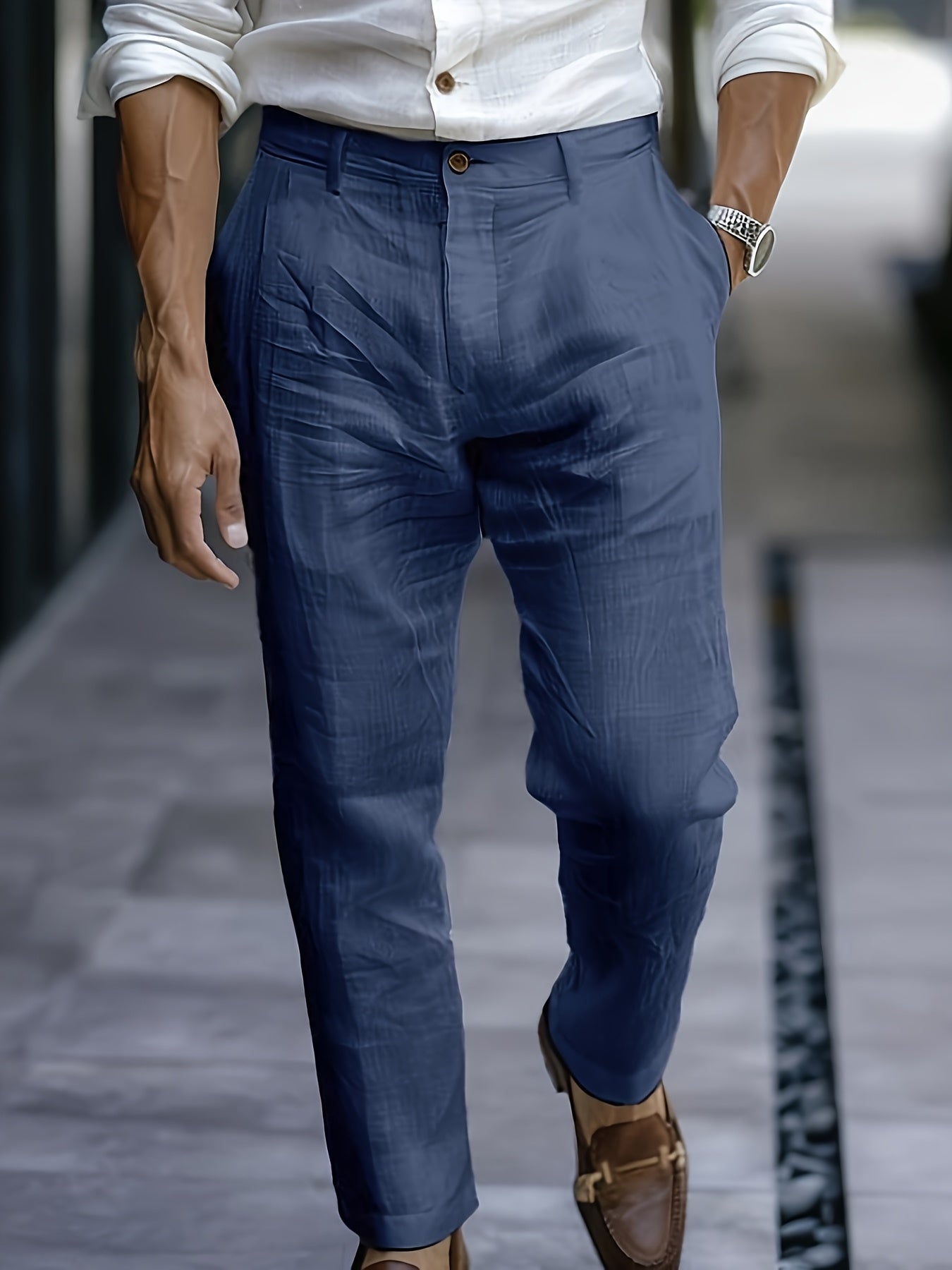 Edmund | Straight-Leg Trousers White Linen Side Pockets for Men