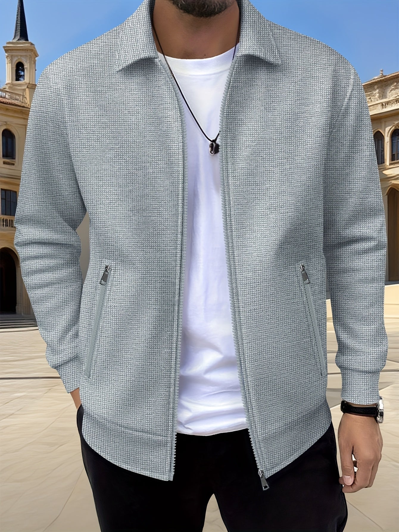Lachlan | Zip-Up Jacket White Waffle Knit Collared for Men