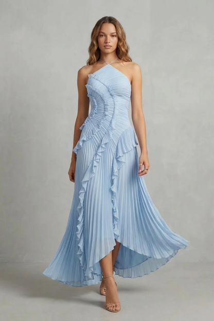 Cecile | Maxi Halter Dress Dusty Pink Chiffon Pleated Ruffle for Women