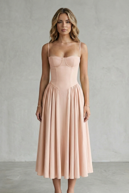 Demelza | Midi Dress Sage Green Structured Corset Pleated for Women