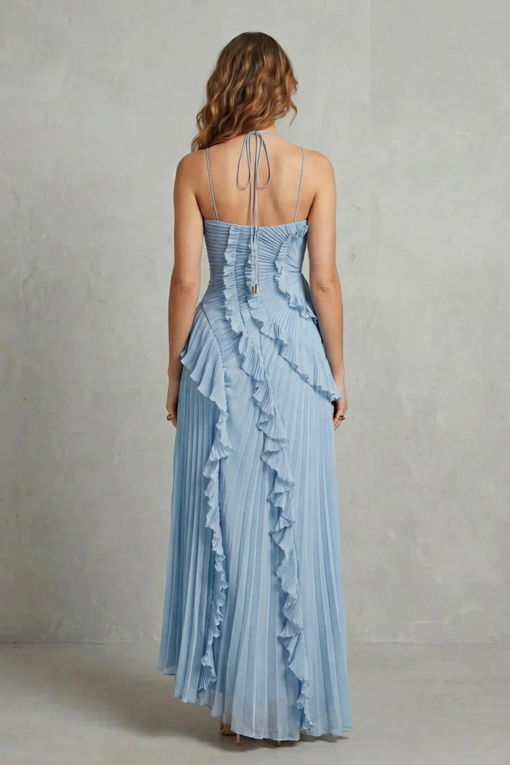 Cecile | Maxi Halter Dress Dusty Pink Chiffon Pleated Ruffle for Women