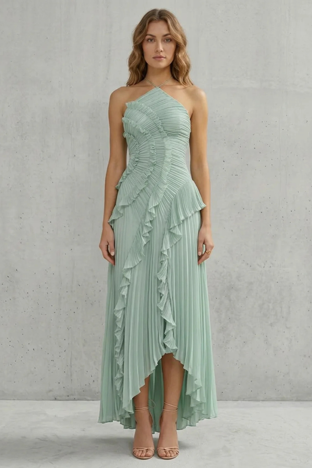 Cecile | Maxi Halter Dress Dusty Pink Chiffon Pleated Ruffle for Women