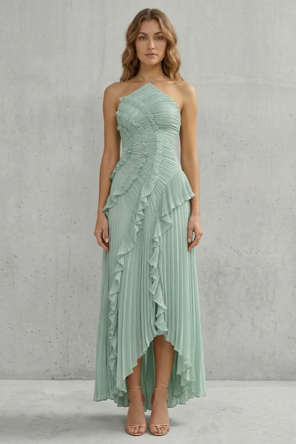 Cecile | Maxi Halter Dress Dusty Pink Chiffon Pleated Ruffle for Women