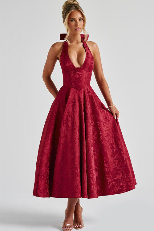 Phoebe | Midi Party Dress Pink Jacquard Halterneck A-Line for Women